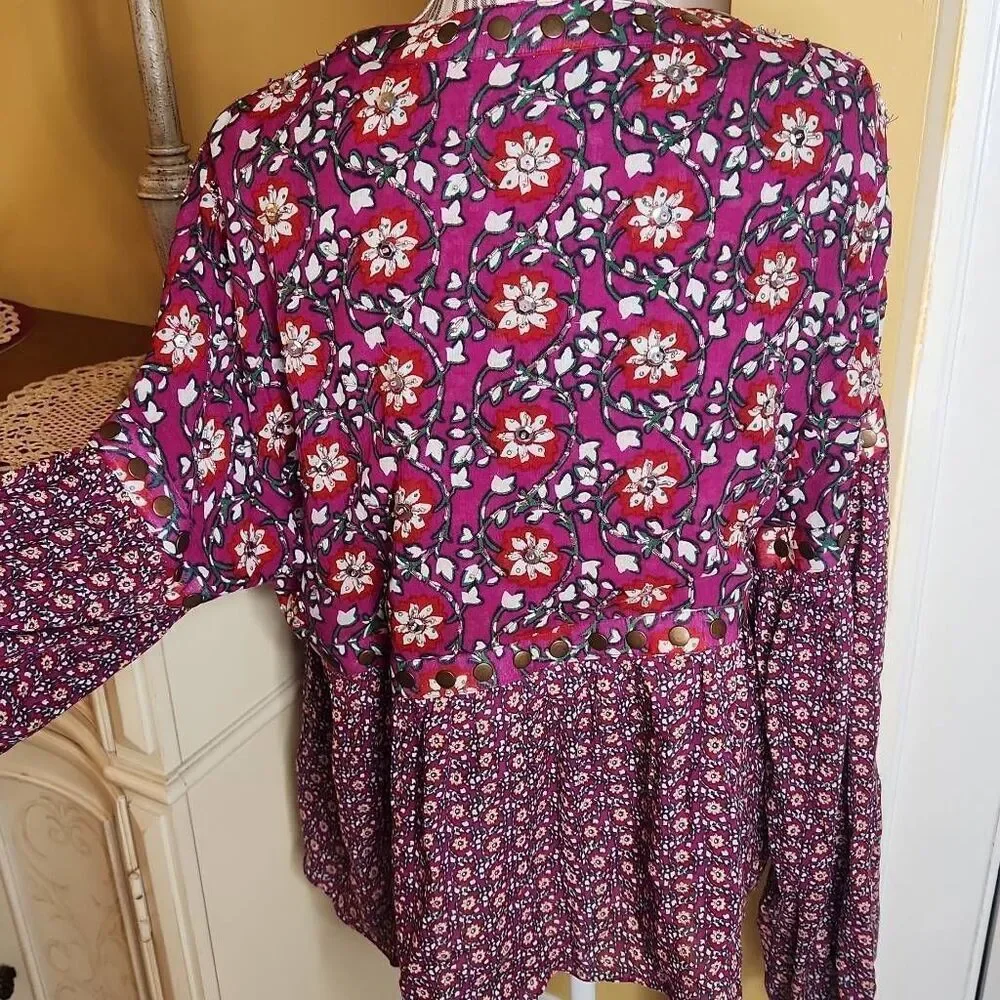 Free People Malia Babydoll Jacket | Embellished Boho Floral Tie Neck sz L